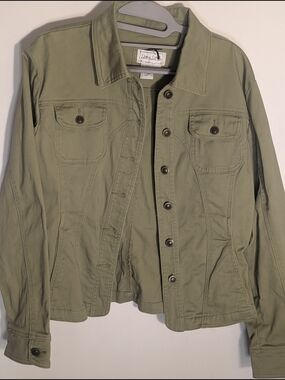 Live a Little Olive Green Utility Denim Jacket Stretch Cotton Size L